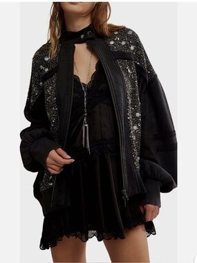 Free People Black Sequin & Bead Bomber Jacket